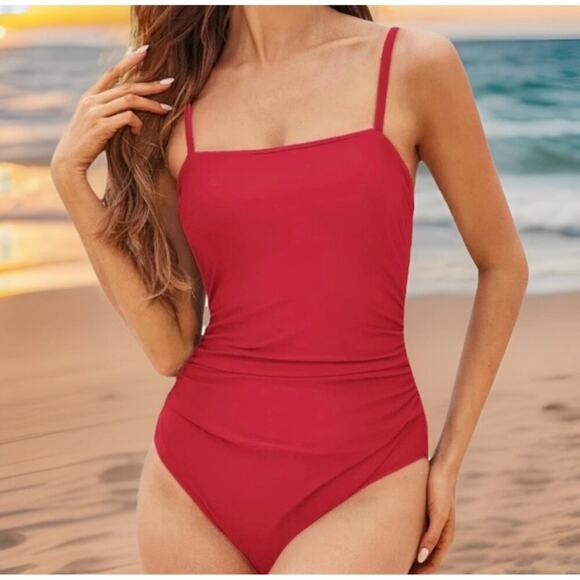 Cupshe Womens One Piece Swimsuit XL Red Square Neck Ruched Cutout Strappy - Picture 1 of 9